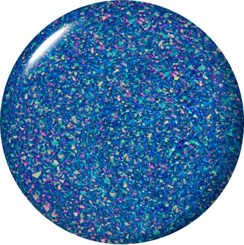 En glänsande blå nagellack med glitter och gnistrande partiklar.