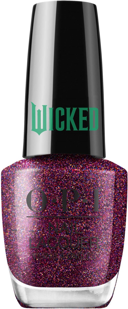 En nagellackflaska med glitterig rosa-lila färg och svart lock med grön text "WICKED".
