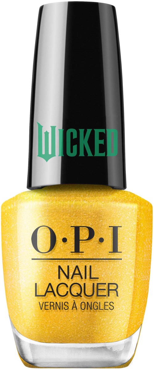 En ljusgul nagellackflaska med svart lock, märkt 'Wicked' och 'O.P.I Nail Lacquer.'