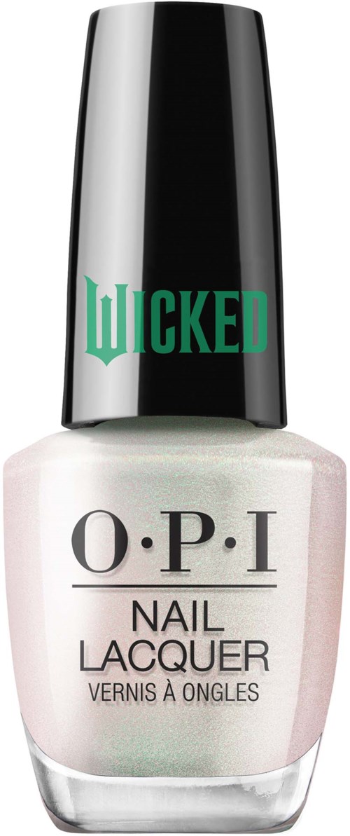 En nagellackflaska med svart lock, märkt 'O.P.I Nail Lacquer,' och ett grönt 'WICKED'-klistermärke på locket.