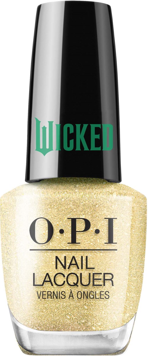 En nagellacksflaska med svart lock, märkt 'WICKED' och 'O·P·I' med guldglitterlack.