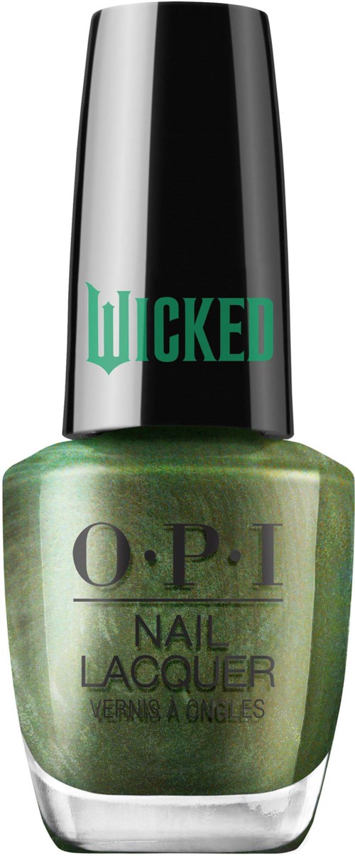 Grön nagellackflaska med svart lock, märkt "O.P.I Nail Lacquer" och "WICKED" på toppen.