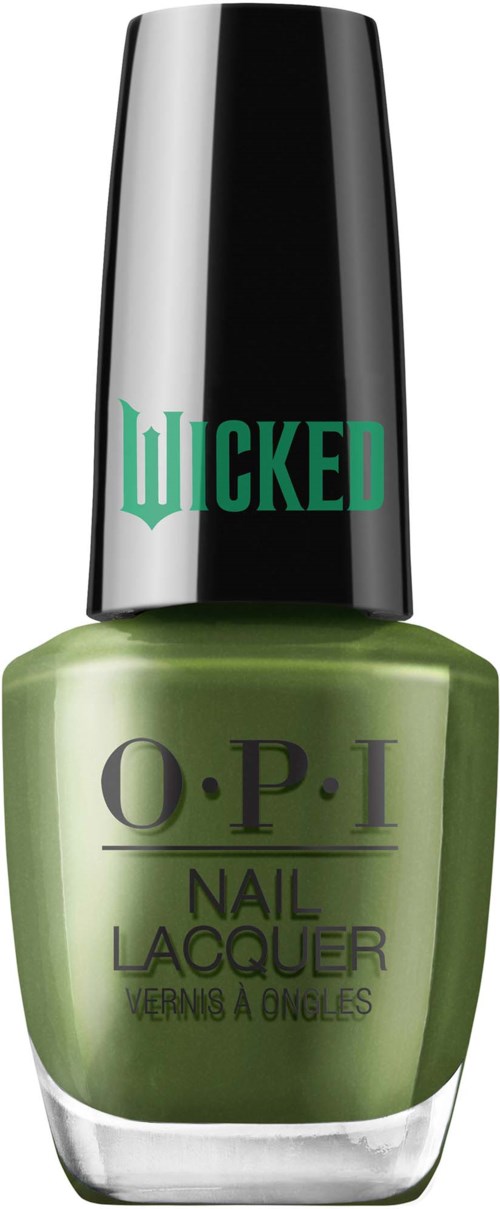Grön nagellackflaska med svart lock, märkt 'O.P.I.' och 'Wicked', använd för manikyrer.