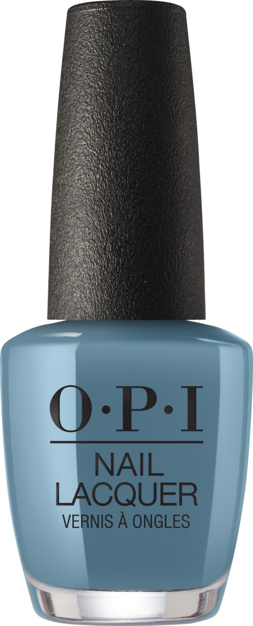 Blaue Nagellackflasche mit schwarzem Deckel, Beschriftung "O.P.I Nail Lacquer."