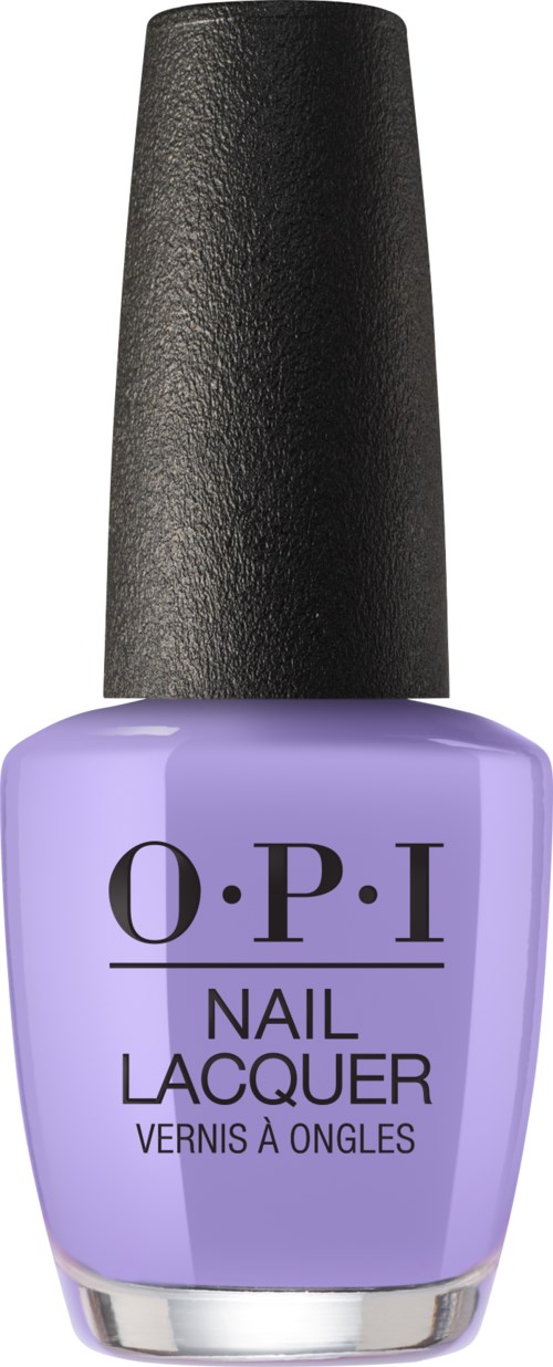 Fioletowa butelka lakieru do paznokci z czarnym wieczkiem, oznaczona 'O.P.I Nail Lacquer'.