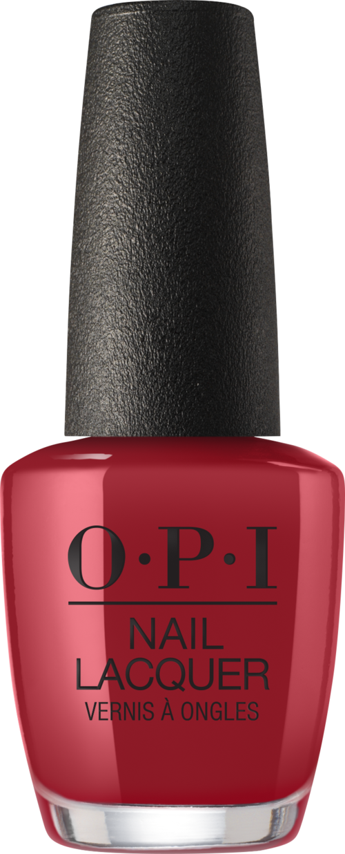 Czerwony lakier do paznokci w butelce z czarnym korkiem, oznaczony O.P.I Nail Lacquer.