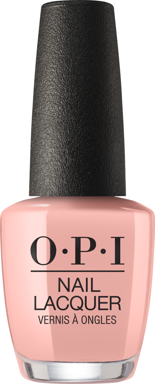 Hellrosa Nagellackflasche mit schwarzem Deckel und OPI-Branding.