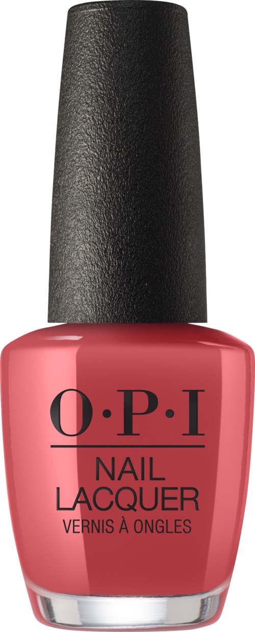 Różowa butelka lakieru do paznokci z czarnym korkiem, oznaczona O.P.I Nail Lacquer.