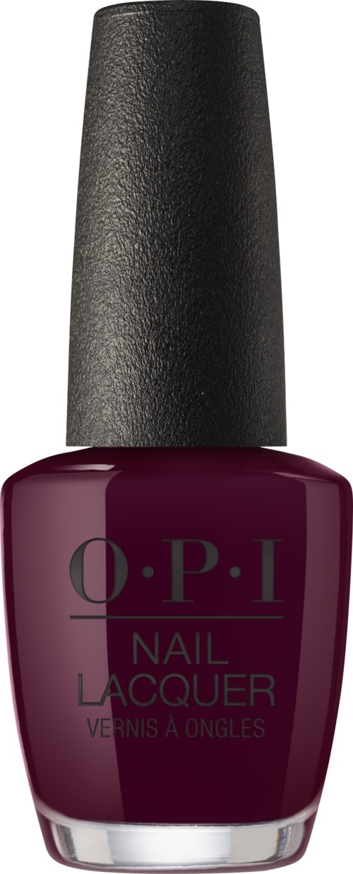 Fioletowa butelka lakieru do paznokci z czarnym korkiem, oznaczona 'O.P.I Nail Lacquer'.