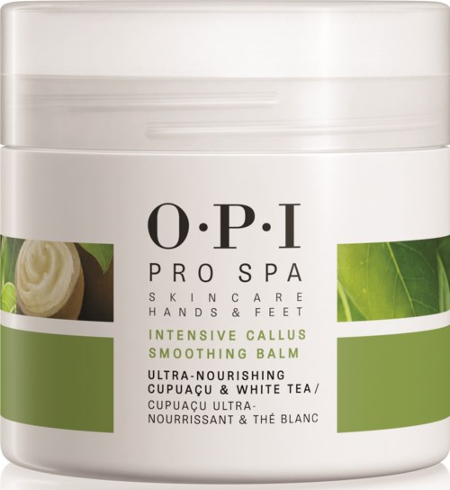 En vit behållare med O.P.I Pro Spa Smoothing Balm med gröna och svarta texter, visar bilder av en växt och en blomma.