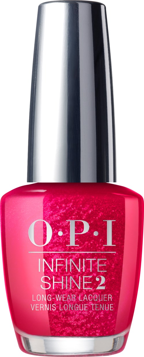 En rosa nagellackflaska med silverlock och vitt text, märkt "O.P.I INFINITE SHINE 2."
