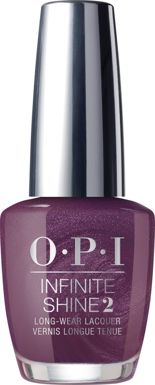 En lila nagellackflaska med silverkapsyl, märkt O.P.I Infinite Shine 2.