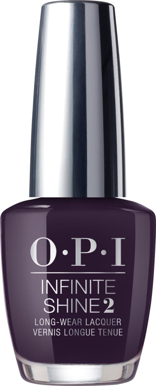 Lila nagellacksflaska med silverlock, märkt 'O.P.I INFINITE SHINE 2' och 'LONG-WEAR LACQUER'.
