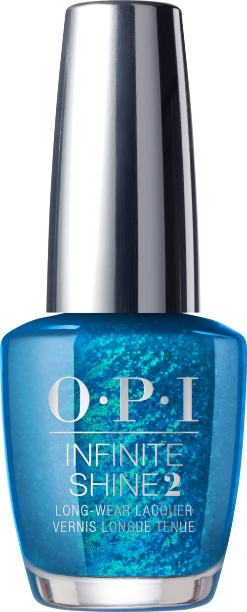 Blå nagellackflaska med silvrig topp och texten 'O.P.I INFINITE SHINE 2'.