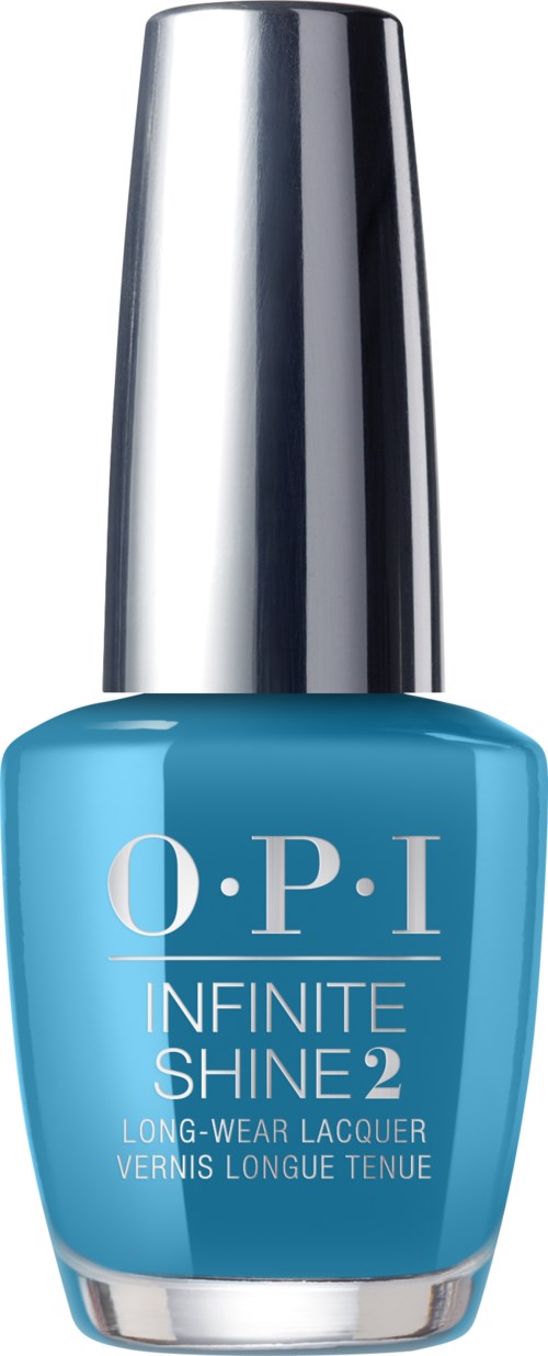 En blå flaska med O.P.I Infinite Shine 2 nagellack med silverkork.