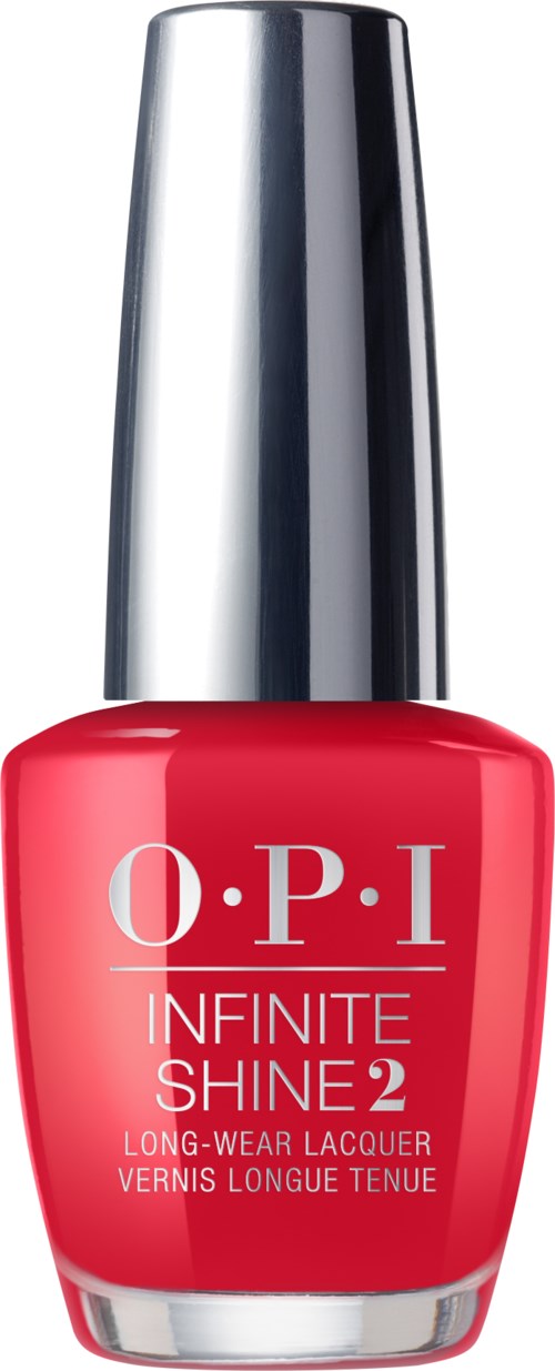 Röd nagellackflaska med silverlock och vitt text som säger "O.P.I Infinite Shine 2."