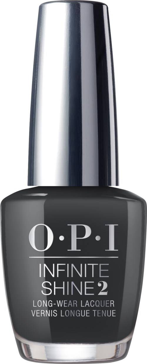 En flaska med O.P.I Infinite Shine 2 nagellack med ett glänsande silverlock och mörkgrått nagellack.