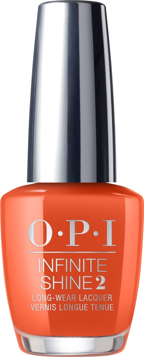 En korallfärgad nagellackflaska med silverlock, märkt "O.P.I Infinite Shine 2".