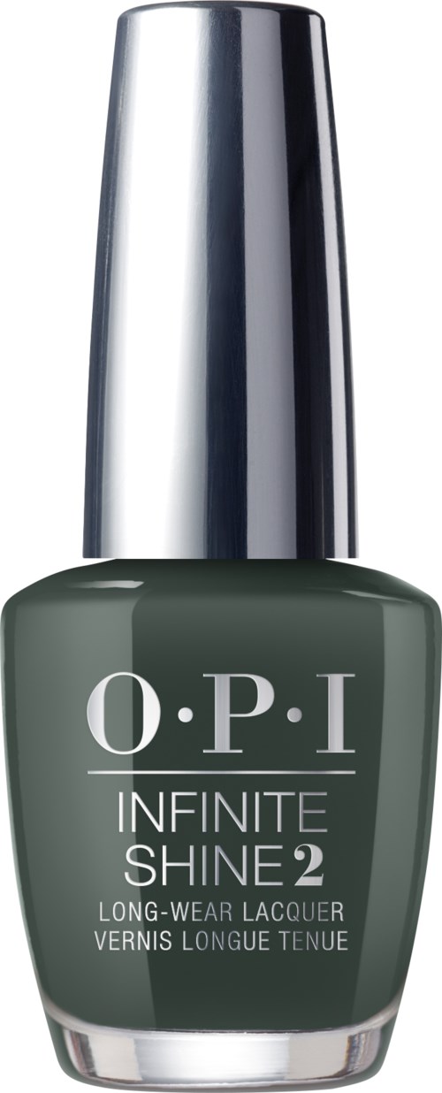 A dark green nail polish bottle with a silver cap labeled "O.P.I Infinite Shine 2".