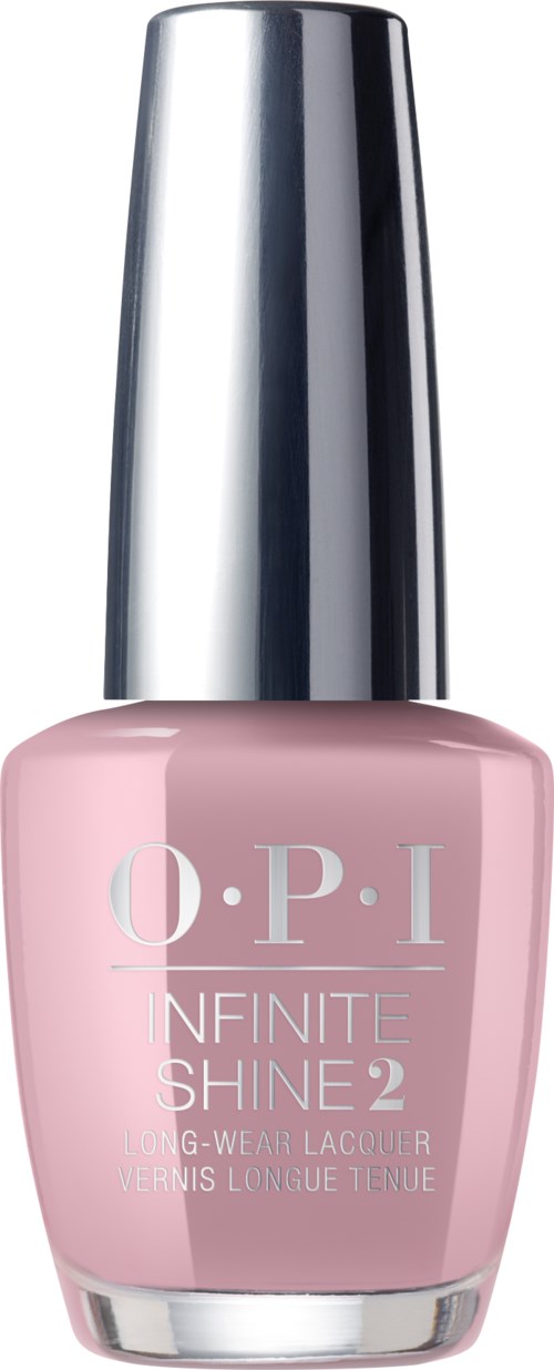 En rosa nagellackflaska med en silverkapsel, märkt O.P.I. Infinite Shine 2.
