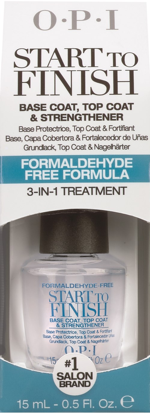Det här är en flaska nagellack som heter O.P.I, märkt som bas- och topplack, fritt från formaldehyd, 15 ml.
