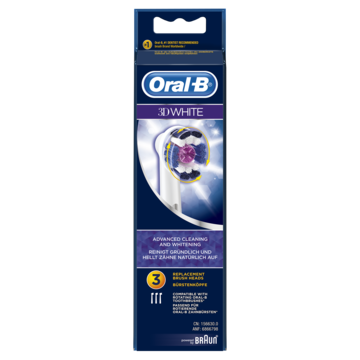 En tandpastaæske med Oral-B logo, lilla og hvide farver, nævner 3D White og avanceret rengøring.