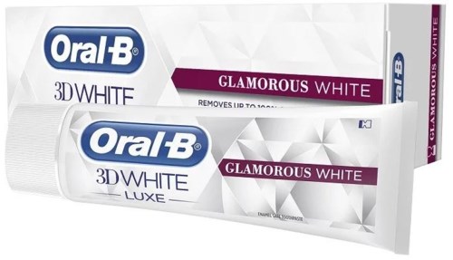 En box och tub med Oral-B 3D White tandkräm, märkt 'Glamorous White,' med modern design.