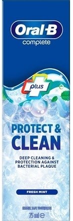 En tandkrämspaket märkt Oral-B Plus, Protect & Clean, med smak av färsk mynta, med blå bakgrund och en tandborste.