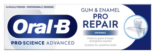 Tekst na opakowaniu promuje pastę do zębów Oral-B Gum & Enamel Pro Repair dla wrażliwych zębów, wzmacnia szkliwo i chroni dziąsła.
