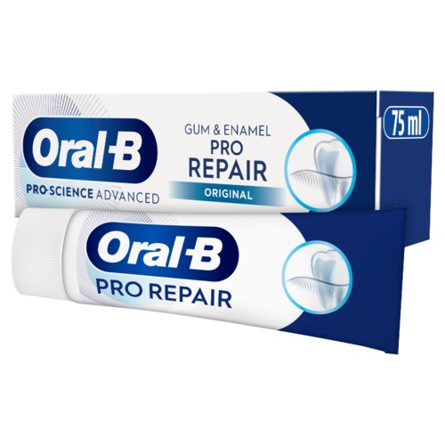 Tuba i opakowanie pasty do zębów Oral-B Pro Repair do dziąseł i szkliwa, 75 ml. Nieśmiertelne opakowanie niebiesko-białe z logo.