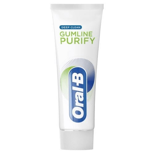 Tandkrämstub med blå, gröna och vita färger, märkt "Oral-B" och "Gumline Purify" för djup rengöring och tandköttshälsa.
