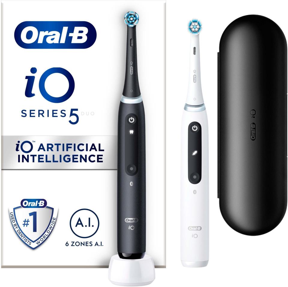 Oral-B iO 5 black and white electric toothbrushes Designed by Braun