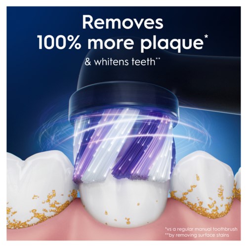 A dental product showing a toothbrush cleaning teeth with a focus on plaque removal and teeth whitening benefits.