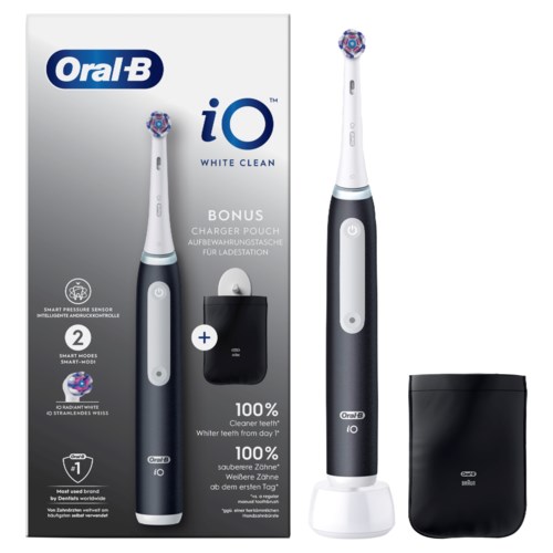 Szczoteczka do zębów z etui do ładowania, czarno-biały design i logo Oral-B iO White Clean.