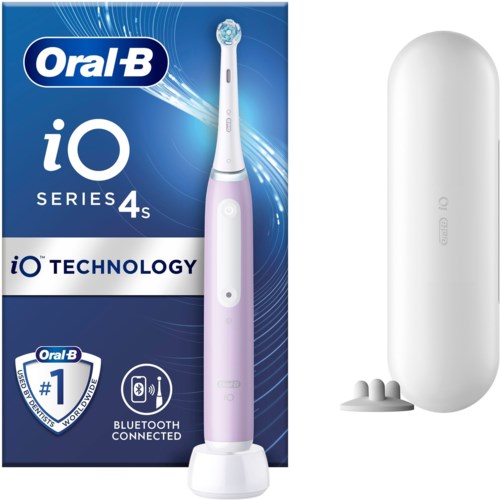En lilla og hvid Oral-B elektrisk toothbrush i æske, med en hvid rejse-etui ved siden af.