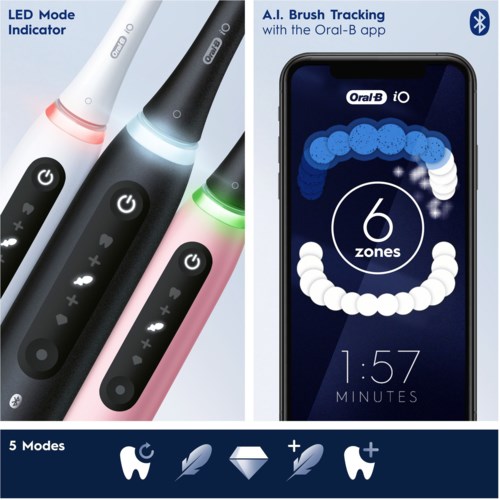 LED-tandborstar med olika färgade ljus och en mobilapp som visar borstningszoner och tid.