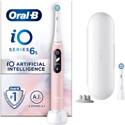 En rosa och vit eltandborste med AI-teknik och 6 rengöringszoner. Kommer med ett fodral och extra borstehållare.