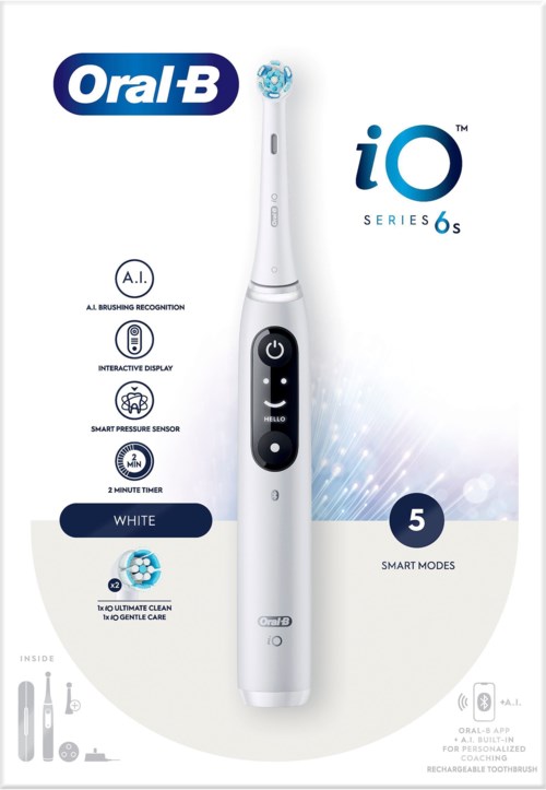 En elektrisk tandborste vid namn Oral-B iO Series 6s med fem rengöringslägen, smarta funktioner och vit färg.