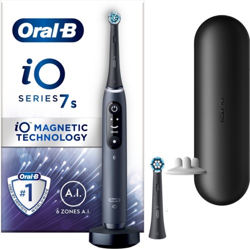 Oral-B iO Series 7s elektrisk tandborste med laddningsbas och förvaringslåda.
