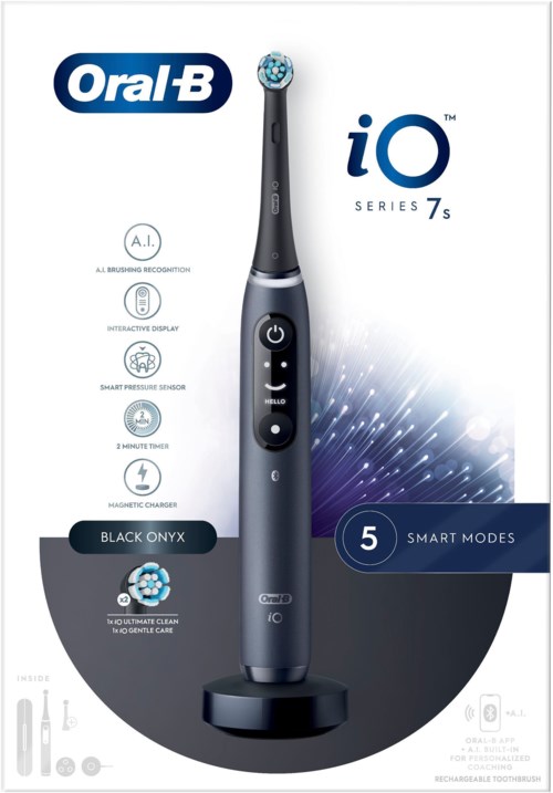 En svart oral-B iO Series 7s elektrisk tandborste med fem smarta lägen och AI-borstning igenkänning på förpackningen.