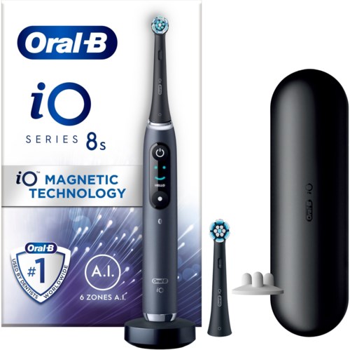 Oral-B iO Series 8s elektrisk tandborste med laddare och borstar.
