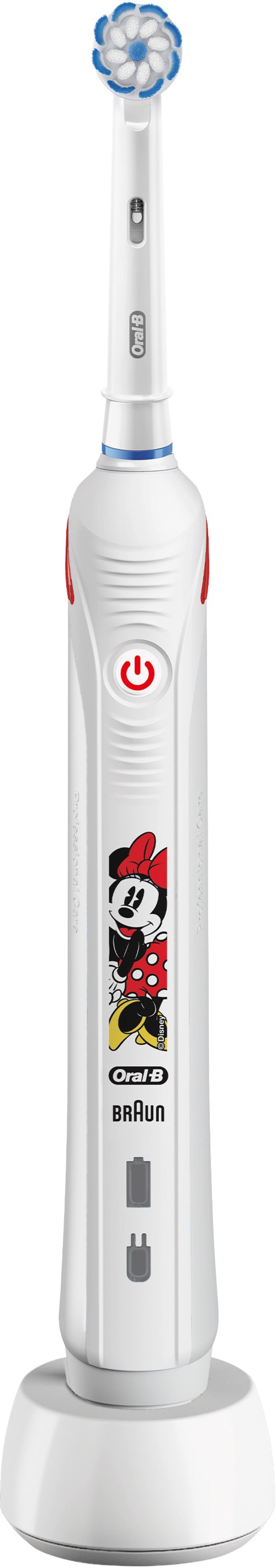 Elektrisk tannbørste med Mickey Mouse-design, strømbryter og ladestativ.