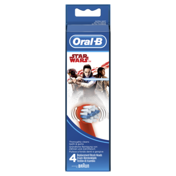 En tannbørsteemballasje med Star Wars-karakterer, merket Oral-B, med blå emballasje og et håndtakbilde.