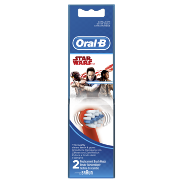 En blå pakke med Oral-B tannbørster med Star Wars-figurer og et bilde av en tannbørste nederst.