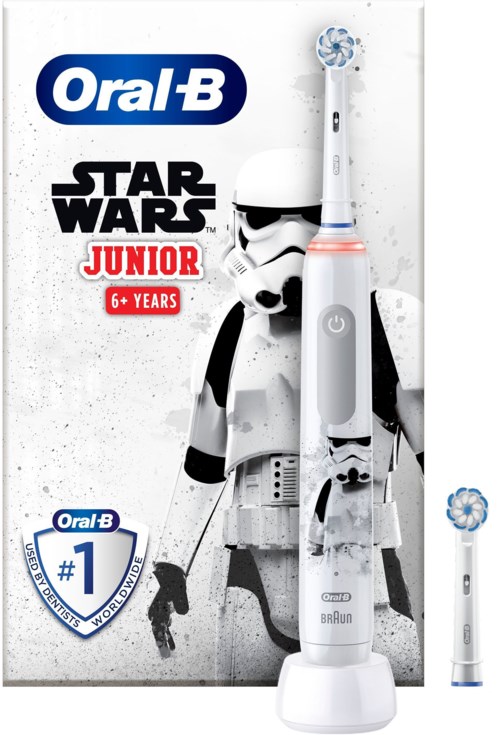 Oral-B Star Wars Junior elektrische tandenborstel met Stormtrooper-figuur, geschikt voor kinderen boven de zes jaar.