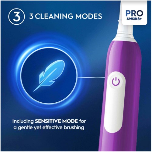 A purple electric toothbrush shows three cleaning modes, including sensitive mode for gentle brushing.