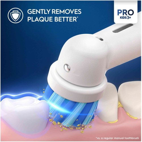 A dental cleaning device targeting plaque removal for kids, showing a toothbrush cleaning teeth with blue light and toothpaste.
