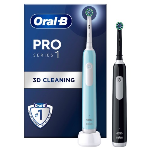 En låda med två eltandborstar, en blå och en svart, som visar att de är en del av Oral-B:s Pro Series 1.