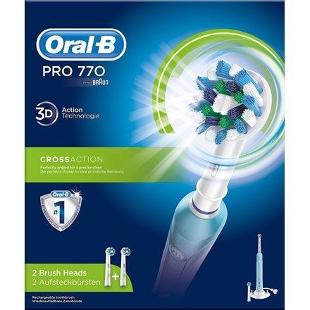 Eske for en elektrisk tannbørste, viser to børstehoder og en ladeplate, med merket Oral-B og produktdetaljer.