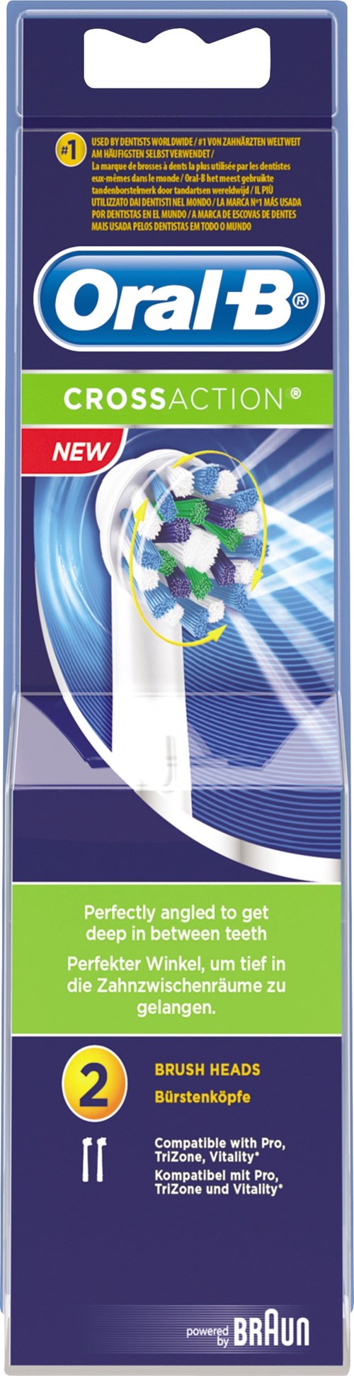 Suunhammasharja, jossa on kaksi harjaspäätä, nimeltä 'Oral-B CrossAction', puhdistaa hampaat perusteellisesti.